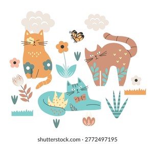 Three stylized cats with flowers and a butterfly in flat cartoon style on a white background, conveying a playful nature concept. Hand-drawn vector illustration