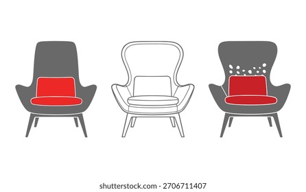 Tres sillas estilizadas en gris con cojines rojos se representan sobre un fondo blanco.