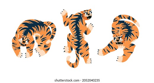 Three stylized Chinese tigers set. Oriental traditional style tigers in various poses, falls on, defenses, rebuts. Hand-drawn vector illustration on isolated background.
