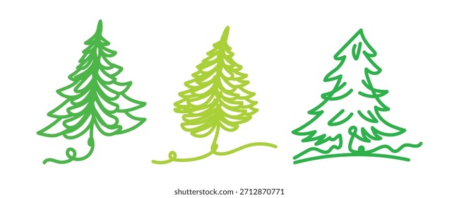 Tres árboles de Navidad estilizados se representan en varios tonos de verde sobre un fondo blanco crudo que representa una simple ilustración de vacaciones perfecta para tarjetas de temporada o decoraciones festivas.