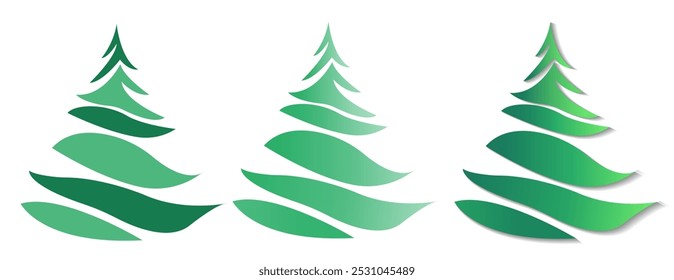 Three stylized Christmas trees in varying shades of green, featuring a sleek design. Set against a white background. Vector illustration