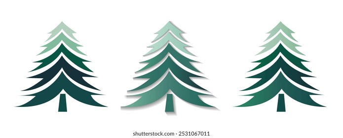 Tres árboles de Navidad estilizados en diferentes tonos de verde, con un diseño elegante. Colocado sobre un fondo blanco. Ilustración vectorial