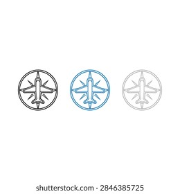 Three stylized circular emblems featuring a modern jet fighter aircraft in different line art styles.