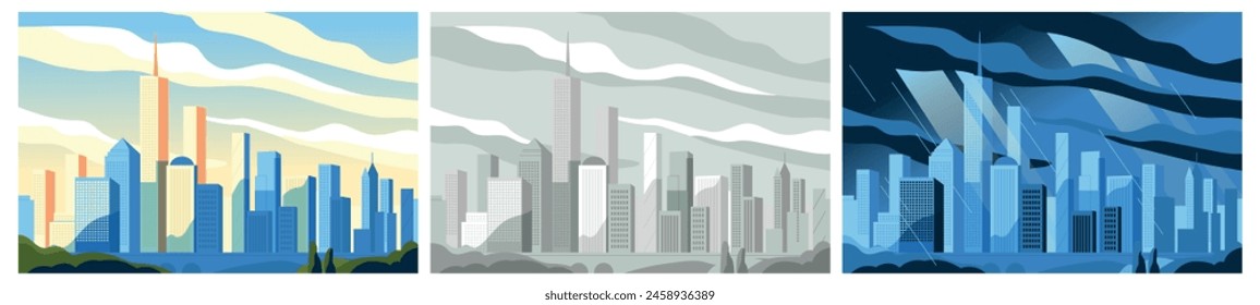 Three stylized cityscape scenes at different times of day, modern vector illustration, with varied color palettes representing dawn, day, and night