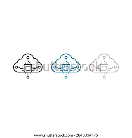 Three stylized cloud icons representing cloud computing technology, each featuring a central microchip or processor symbol.