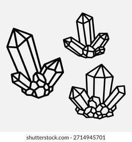 Three stylized clusters of geometric crystals or gemstones rendered in simple black outline against a white background, resembling line art or icons.