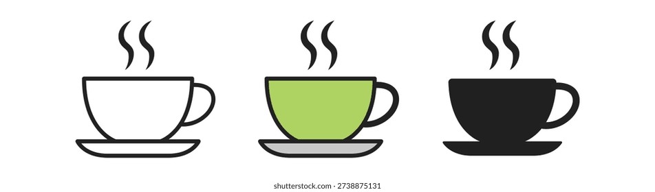 Three stylized coffee cups in white, green, and black, each with steam rising, representing different moods and preferences.