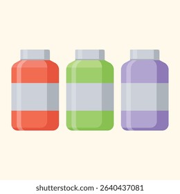 Three stylized containers, each a different color (red, green, and purple), are displayed. Each container features a horizontal, light gray label. The design style is flat and simple,  
