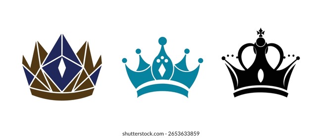 Three stylized crowns in different colors and designs isolated on white background