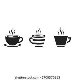 Tres tazas estilizadas de bebida caliente como café o té con vapor que se eleva en un diseño minimalista de Vector blanco y negro