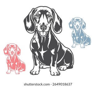 Três cães dachshund estilizados são ilustrados em preto, rosa e azul, todos sentados sobre um fundo branco.