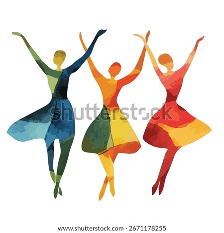 Three stylized dancers in motion, rendered with watercolor-like textures and a palette of blues, yellows, oranges, and reds.
