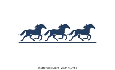 Three stylized dark blue horses galloping in a row over a horizontal line representing power and graceful movement.