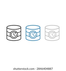 Three stylized database icons in black blue and gray with a clock symbol indicating time management and data.