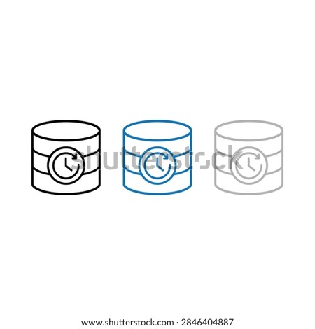 Three stylized database icons in black blue and gray with a clock symbol indicating time management and data.
