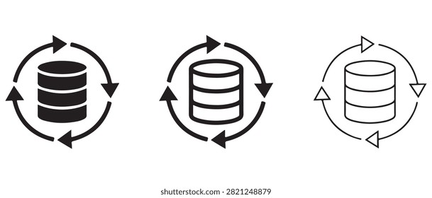 Three stylized database icons showing data flow and storage with circular arrows isolated on transparent background