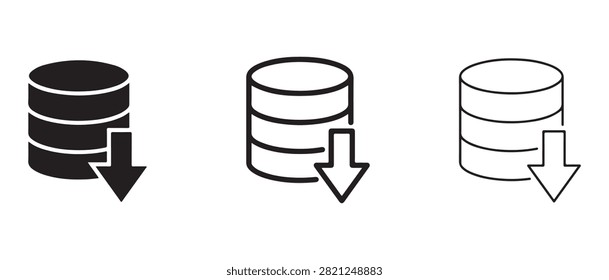 Three stylized database icons showing data download or transfer with downward arrows isolated on transparent background