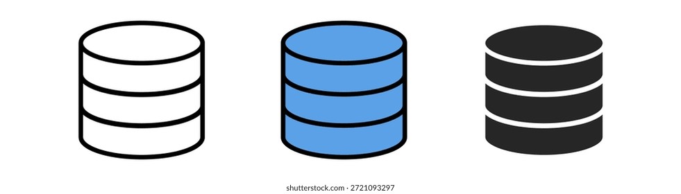 Tres iconos de base de datos estilizados en diferentes colores: blanco, azul y negro, que simbolizan las soluciones de almacenamiento de datos.