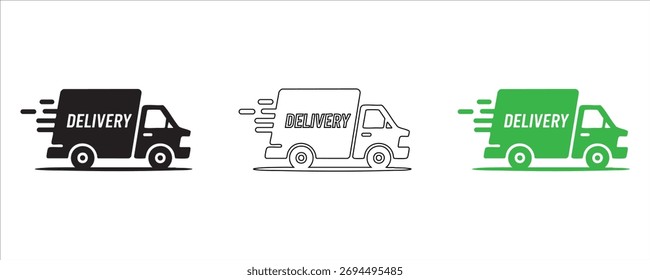 Three stylized delivery trucks in black, white outline, and green, symbolizing logistics, transport, and shipping services.