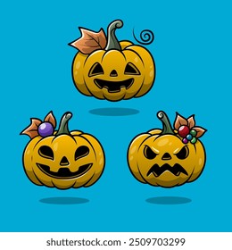 Three stylized jack-o’-lanterns with different expressions against a blue background, perfect for Halloween-themed content