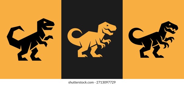 Three stylized dinosaur silhouettes in bold orange and black color scheme