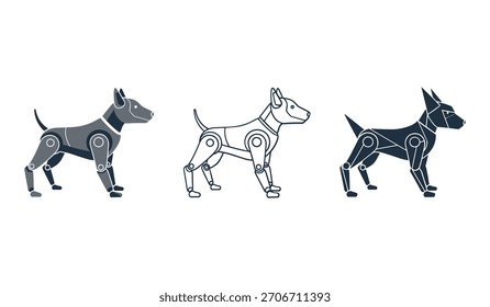 Tres figuras de perro estilizadas en estilos de contorno azul y gris sobre un fondo blanco.