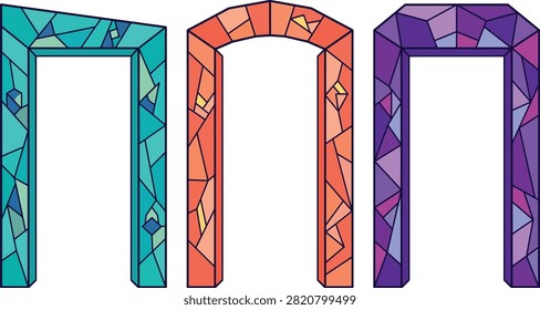 Three stylized doorways with stained glass patterns in vibrant colors