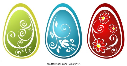 Three stylized Easter eggs with flower pattern isolated on a white background.