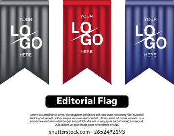 Three stylized editorial flags with a logo placeholder, each in different colors.