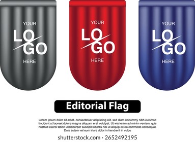 Three stylized editorial flags with a logo placeholder, each in different colors.