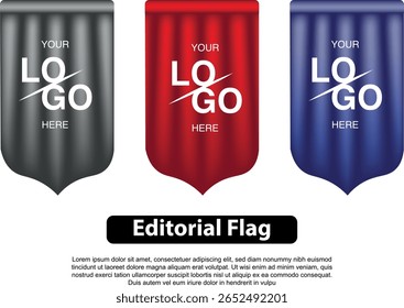 Three stylized editorial flags with a logo placeholder, each in different colors.