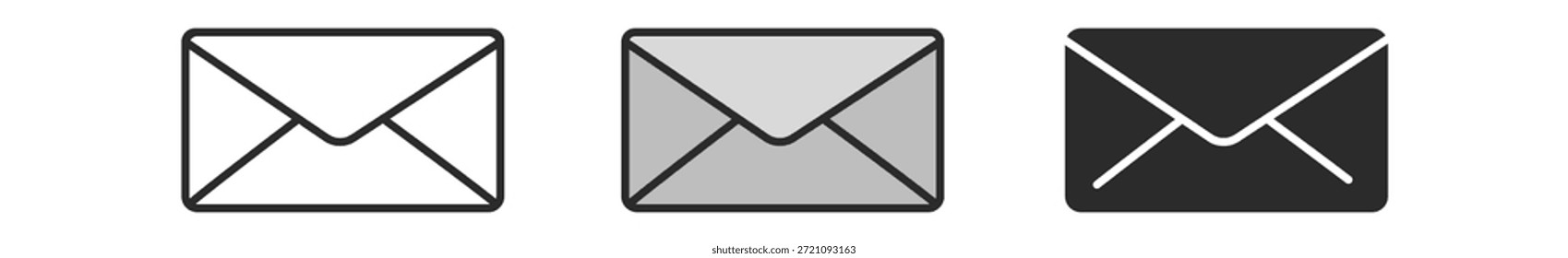 Tres iconos de sobres estilizados en blanco, gris y negro, que representan la comunicación en un diseño moderno.
