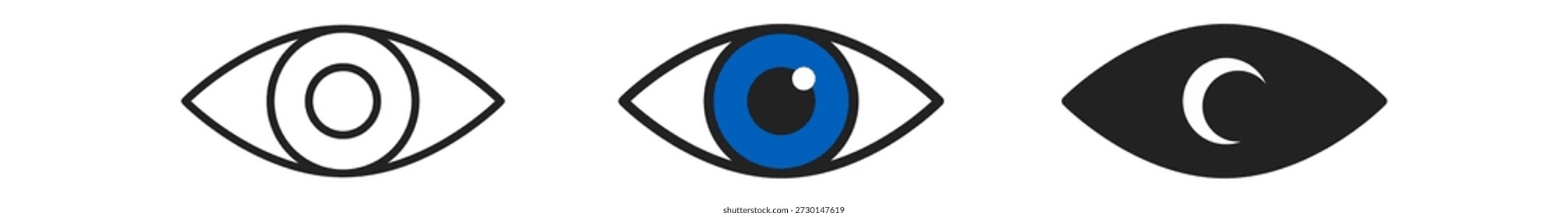 Três ícones de olho estilizados com diferentes designs e cores, mostrando temas de criatividade e percepção visual.