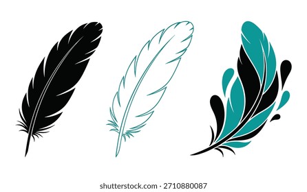 Three stylized feathers, one black, one teal, and one outlined, are arranged on a white background.