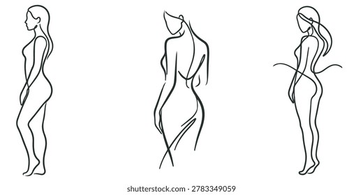Three stylized female body outlines, minimalist style.