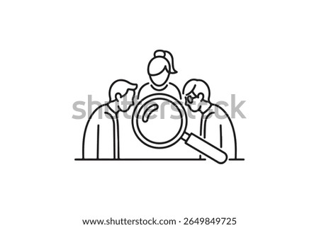 Three stylized figures lean in to examine something through a magnifying glass. This simple line art illustration represents teamwork, investigation, research, and detailed analysis