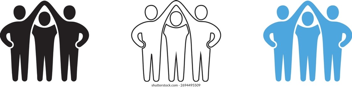 Three stylized figures, one black silhouette, one outline, and one blue gradient, representing unity, teamwork, and community.