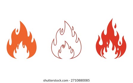 Tres iconos estilizados de llama de fuego en naranja, rojo y contorno se muestran sobre un fondo blanco.