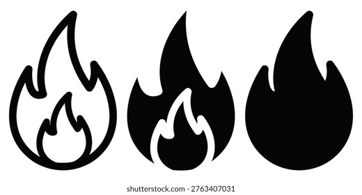 Three stylized flames depicted in varying levels of detail and fill intensity Vector Camping Icons