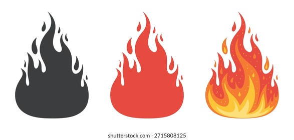 Se muestran tres llamas estilizadas, que progresan de un contorno negro a una Imagen ardiente completamente coloreada.