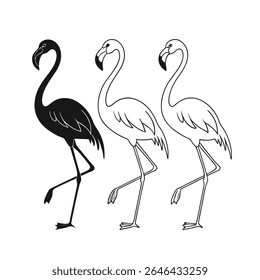 Three Stylized Flamingos in a Row: Black Silhouette and Outline Illustrations on White Background