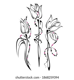 three stylized flower buds on stems with leaves, decorated with beads