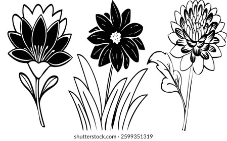 Three stylized flowers in a black and white line art design.