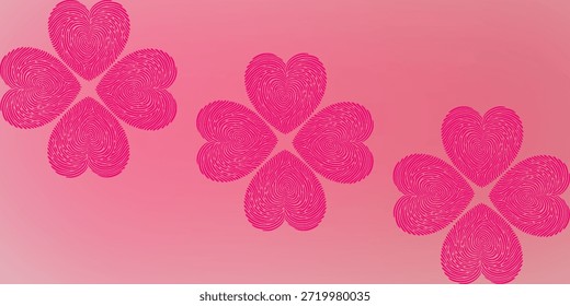 Three stylized flowers, each composed of four heart-shaped petals, are arranged diagonally on a gradient pink background, creating a cheerful and romantic visual.