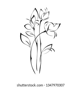 three stylized flowers on long stems with leaves in black lines on a white background