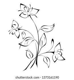three stylized flowers on stems with leaves in black lines on a white background