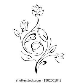 three stylized flowers on stems with leaves and curls on a white background