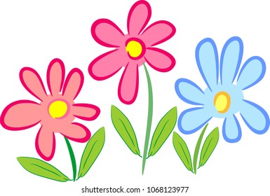 Three stylized flowers with pink and blue petals and green leaves