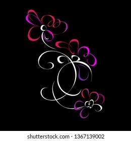 three stylized flowers in pink lines with curls on a black background