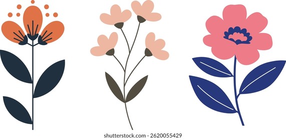 Vector de tres flores estilizadas en melocotón, rubor rosa y coral sobre un fondo blanco